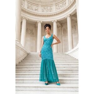 JS Collections Teal Soutache Sequin Mermaid Gown Art Deco V-Neck Formal Dress